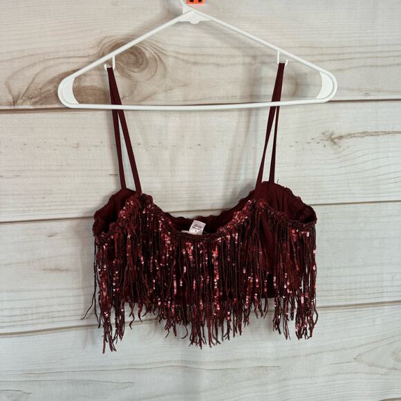 Luxxel Burgundy Fringe Lining Crop Top Size Small - Picture 3 of 7